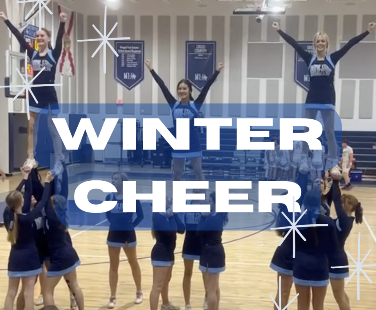 This image depicts the 2023 MIA winter cheerleading team performing stunts during a timeout. 